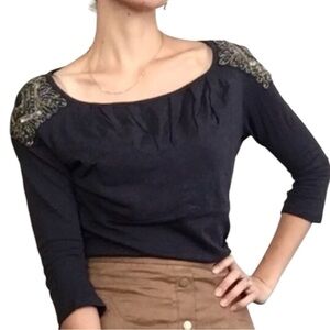 ANTHROPOLOGIE DELETTA Corinthian Beaded Sequin Top Pleated Neck in Tan Small